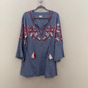 Mudpie Embroidered Chambray Cotton Tassel Tunic Top Shirt Womens size Medium